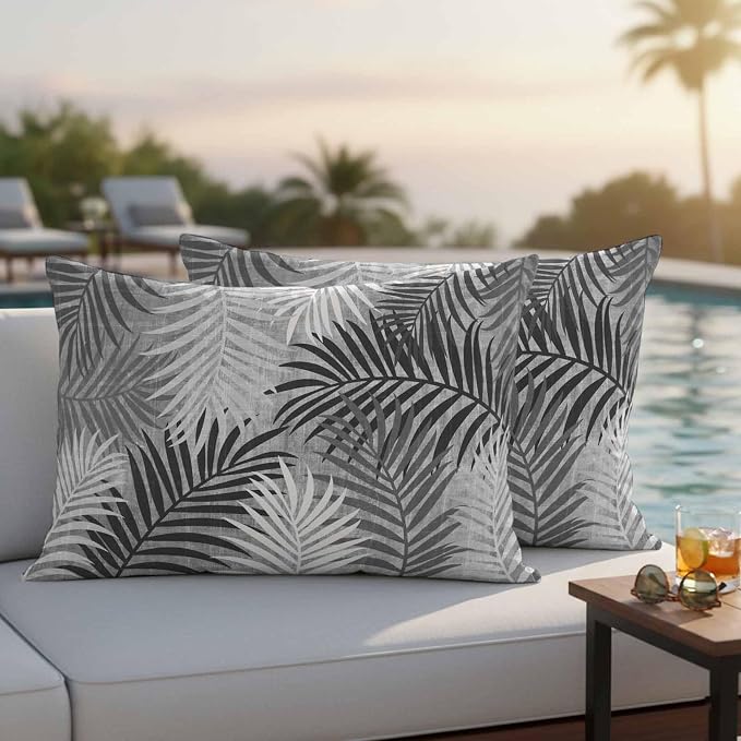 Outdoor Waterproof Throw Pillow Covers, Grey Palm Leaves Decorative Pillow Cases, Summer Botanical Tropical Leaf Couch Pillow Protector Patio Sofa Cushion Covers Replacement 20"x12" 2 Pack