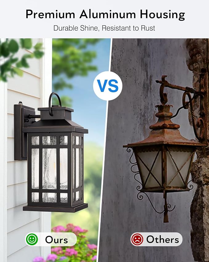 Dusk to Dawn Outside Lights, 2-Pack Oil Rubbed Bronze Exterior Lighting Fixtures with Gold Trim, Modern Patio Wall Sconce with Seed Glass, Waterproof Anti-Rust Outdoor Wall Light for Porch, Garage