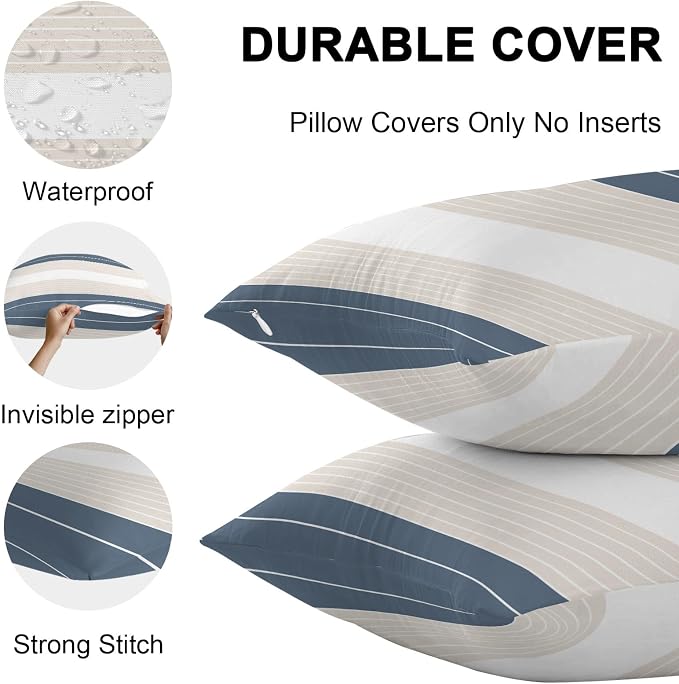 Haze Blue Beige Stripe Outdoor Pillow Covers Waterproof, All Weather Cushion Case Set of 2, Modern Art Horizontal Striped Lumbar Pillowcase for Sofa Couch Bed Decor Patio Furniture 20"x12"