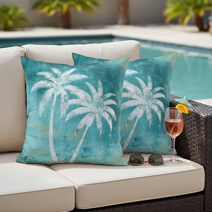 Coastal Beach Tree Teal Outdoor Waterproof Pillow Covers, Tropical Botanical Decorative Square Throw Pillowcase, Palm Tree Vintage Sofa Cushion Sham for Patio/Couch/Chair, 24"x24" 2 Pack