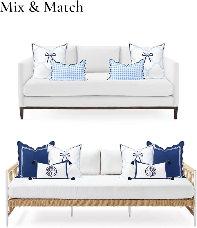 Hofdeco Premium Coastal Hampton Patio Indoor Outdoor Throw Pillow Cover Only, 20"x20" Water Repellent for Backyard, Couch, Poolside, Baby Blue Navy Embroidered Ribbon Bow Tie on Leaves