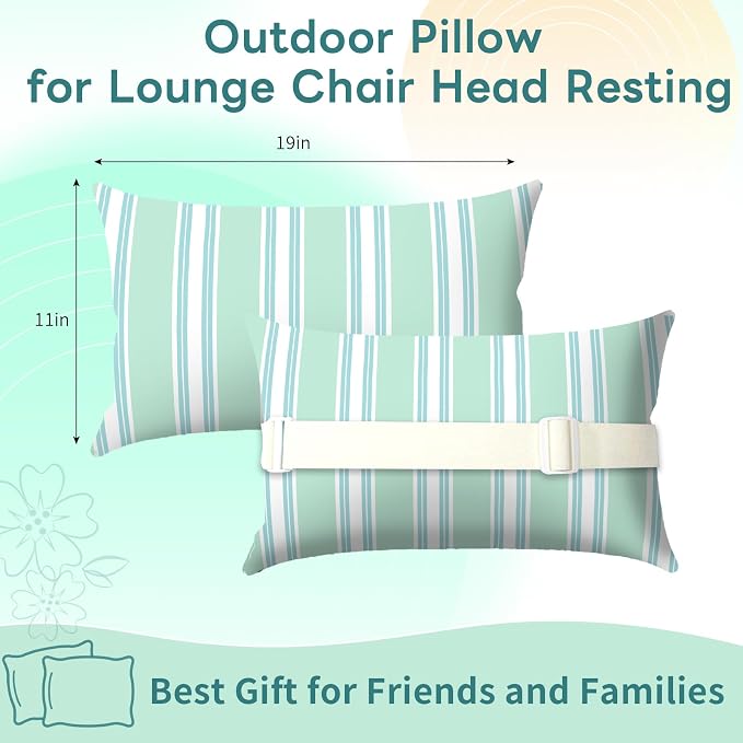 Outdoor Pillows for Lounge Chair Head Resting 2 Pack Waterproof | Headrest Lumbar Pillows with Adjustable Strap for Recliner Beach Pool Lounger Chair, Green
