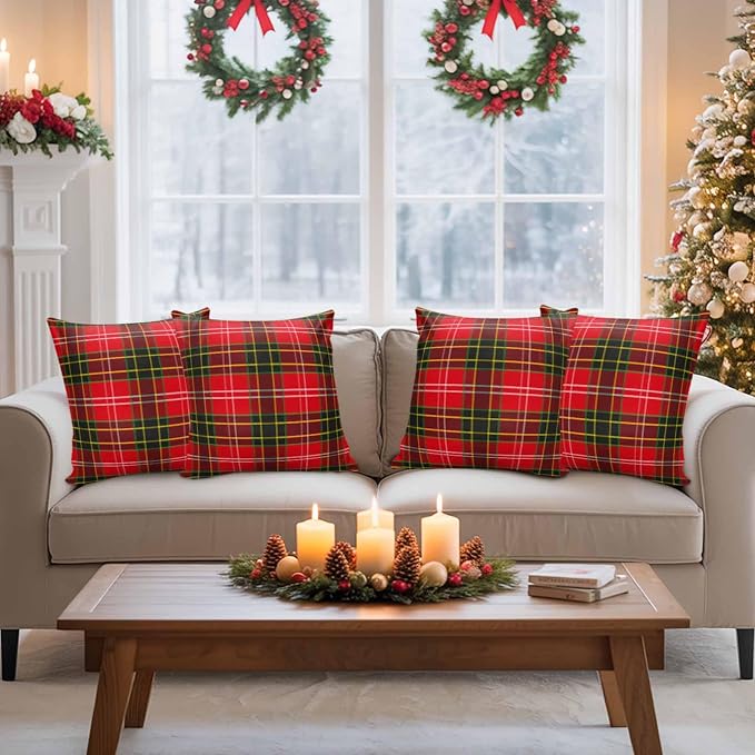 Outdoor Waterproof Throw Pillow Covers, Merry Christmas Red and Green Gingham Tartan Plaid Vintage Farmhouse Decor Pillowcases Cushion Covers Cases for Patio Couch Bench, Pack of 2 Square, 18X18 Inch