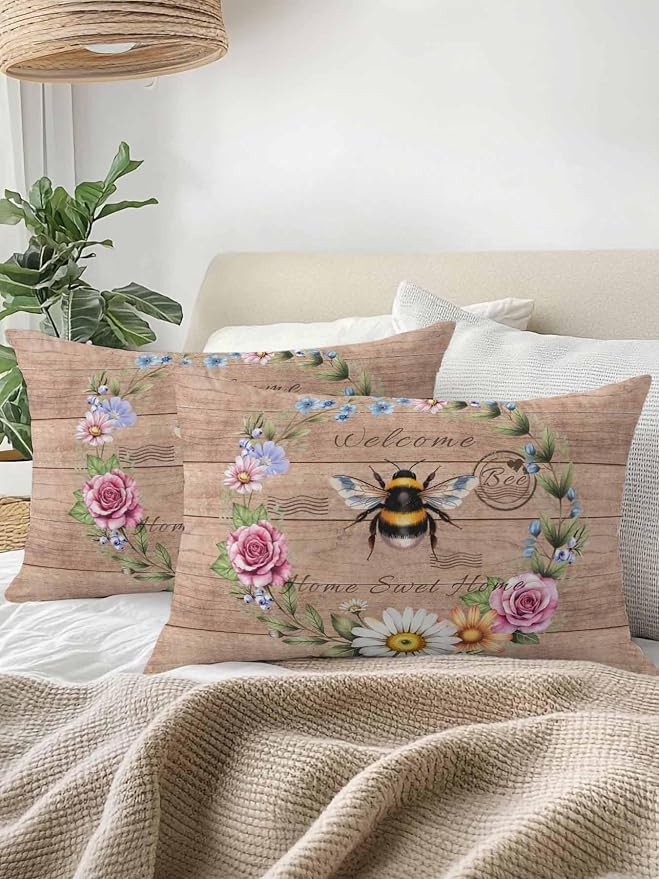Outdoor Waterproof Throw Pillows Farmhouse Bee Flower Wreath Patio Pillows,Decorative Pillow Covers with Insert,Pillow Cushion Case for Garden Couch Sofa Farm Retro Wood Board