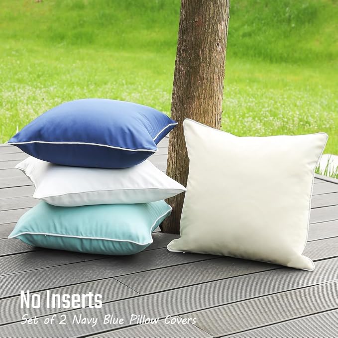 JOJOGOGO Navy Blue Outdoor Pillows Waterproof Throw Pillow Covers 18x18 Set of 2, Dark Blue Front Porch Decor Outdoor Sunproof Pillows 18 x 18 for Garden Patio Furniture (with White Piping)