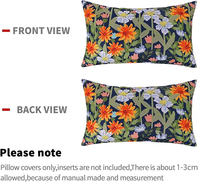 Pyonic Floral Outdoor Lumbar Pillows Covers 12x20 inch Waterproof Spring Summer Decor Outdoor Pillows for Patio Furnture Garden Bench Porch,Navy Blue