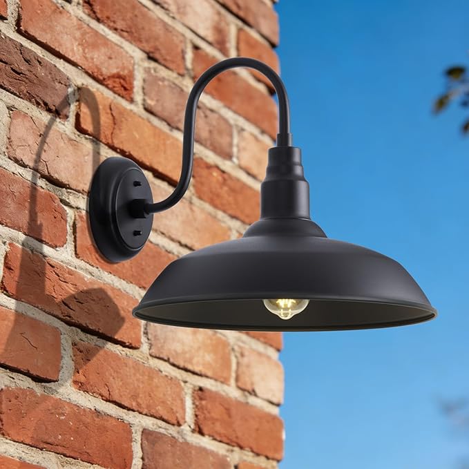 16 Inch Gooseneck Light Fixture for Barn Door, 2 Pack Large Barn Lights for Front Porch, Black Outdoor Farmhouse Light with Goose Neck Arm, Exterior Wall Dome Lighting for House Garage