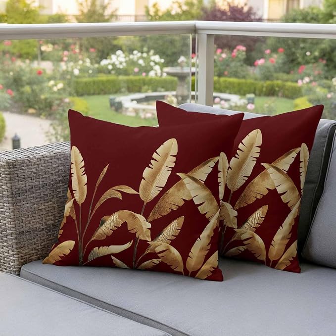 Waterproof Throw Pillow Covers 18x18 Set of 2, Golden Tropical Leaves on Burgundy Red Outdoor Pillowcases with Invisible Zipper, Abstract Foliage Leaf Decorative Cushion Covers for Patio Garden Sofa