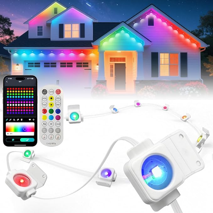 Super RGB Smart Permanent Outdoor Lights, 200FT 120LEDs Color Changing RGB IC Wall Lights, APP & Remote Control, Music Sync, Dynamic Lighting for House, Living Room, Ceiling, Eave Party Xmas Decor