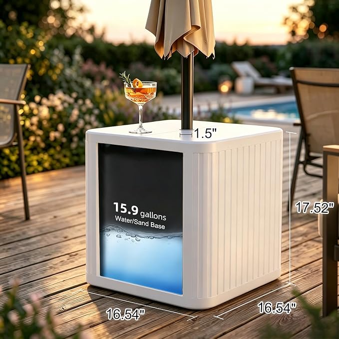 2-in-1 Umbrella Side Table – 16.54" Outdoor Patio Table with Fillable 15 Gal Water/Sand Base, Fits 1.5" Pole, UV Resistant for Pool, Deck, Garden (White)