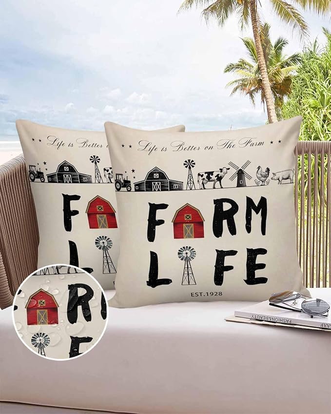 Outdoor Throw Pillows Covers 26x26 inch Set of 2 Waterproof Farm Life Decorative Zippered Cushion Covers for Patio Furniture, Retro Farmhouse Red Barn Windmill Cow Chicken Tractors Lumbar Pillowcases