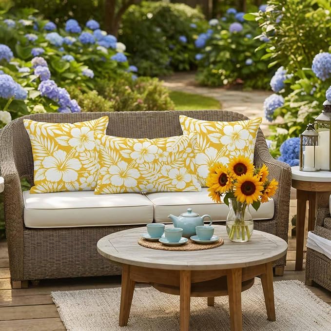 Yellow Hibiscus Flowers Waterproof Outdoor Pillow Covers Set of 2 Home Decor, Tropical Monstera Leaves Lumbar Pillowcase Patio Pillow Covers for Couch Bench Patio Furniture Garden 20x20in