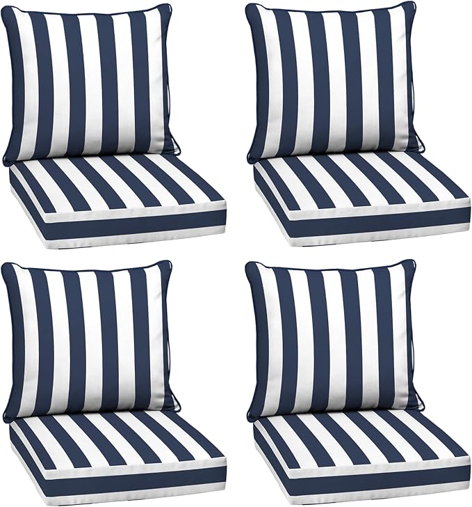 Arden Outdoor Deep Seat Cushion Set, 4-Pack, 24x24, Blue Cabana Stripe | Outdoor Sofa, Couch, Conversation Set, Weather-Proof, Rain-Proof, Fade Resistant for Chair, Mold and Mildew Resistant