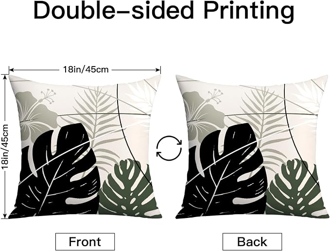 OTOSTAR Outdoor Waterproof Throw Pillow Covers 18x18 Inch Set of 2 Double-Sided Black Grey Tropical Leaf and Flower Spring Summer Decorative Pillow Cases for Patio Funiture Garden Balcony Couch