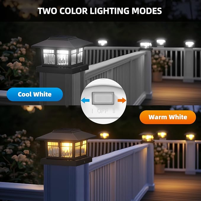 4x4 Solar Post Cap Lights, Classic Black, 2 Pack, Warm & Cool White | Fits 4x4 Wooden and Vinyl Posts,Fence Deck Post Lights,Edison-style bulb