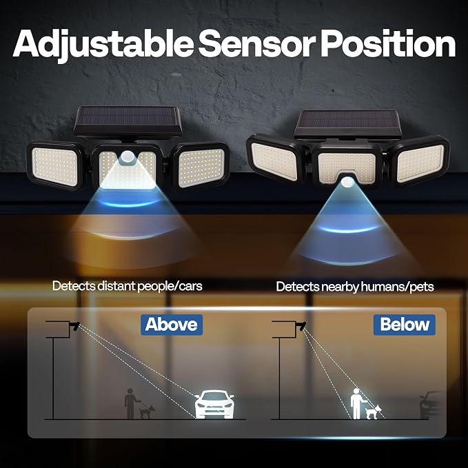 VIVOHOME Solar Flood Lights Outdoor, 256 LED Motion Sensor Lights, 2 Pack | 2500LM, 3 Adjustable Heads Security Lights, IP65 Waterproof, 270° Wide Lighting Angle Solar Powered Lights for Porch, Yard