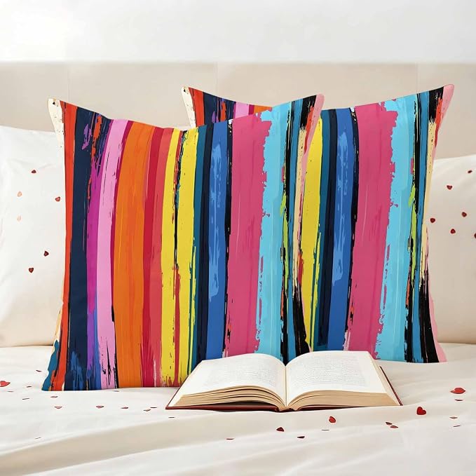 Rainbow Stripe Graffiti Outdoor Pillow Covers Set of 2 Oil Painting Striped Modern Art Waterproof Throw Pillow Cover Decorative Cushion Cases for Patio Porch Garden 18X18 Inch