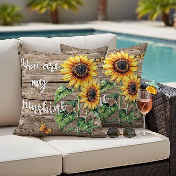 Sunflower Outdoor Waterproof Throw Pillow Covers Set of 2, 26"x26", You are My Sun Shine Vintage Brown Wood Board Decorative Pillow Covers Outside Cushion Case for Patio Porch Garden