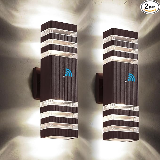 Outdoor Wall Lights, Dusk to Dawn Brown Outdoor Lights for House 3-Layer Modern Exterior Light Fixture Wall Mount Waterproof Up and Down Porch Lights for Garage Entryway, 2 Pack
