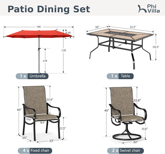 PHI VILLA 8 Pcs Outdoor Dining Set with 13ft Umbrella, Mesh Dining Chairs | 60'' wood-look rectangular table, 2 swivel & 4 fixed patio chairs and 13ft orange red umbrella(NO BASE) for deck, garden,yard
