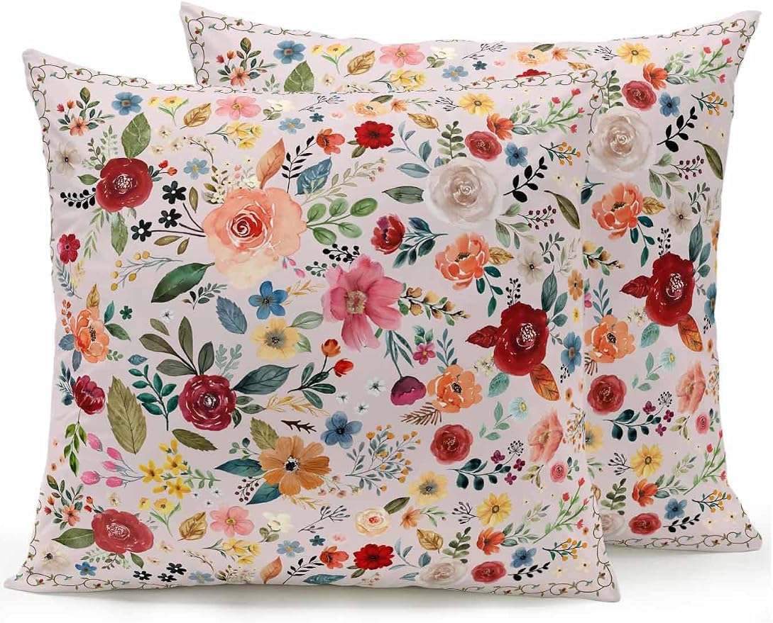 Outdoor Waterproof Throw Pillows Watercolor Leaf Colorful Bloom Floral Patio Pillows Pack of 2,Decorative Pillow Covers with Insert,Pillow Cushion Case for Garden Couch Sofa Vintage Country on Pink