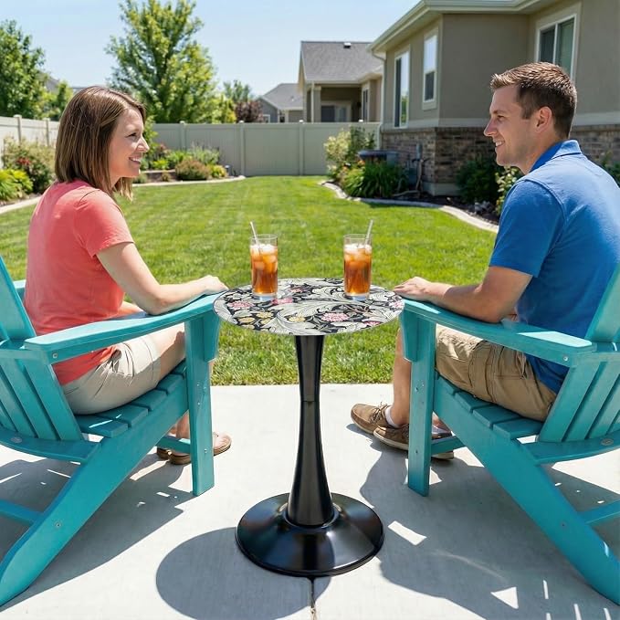 13.4" Outdoor Side Table, Round Patio Bistro Table Printed Tempered Glass Top, Waterproof Rust-Proof Base, Small Plant Stand for Balcony, Garden, Deck, 21.6" H (Morris Green)