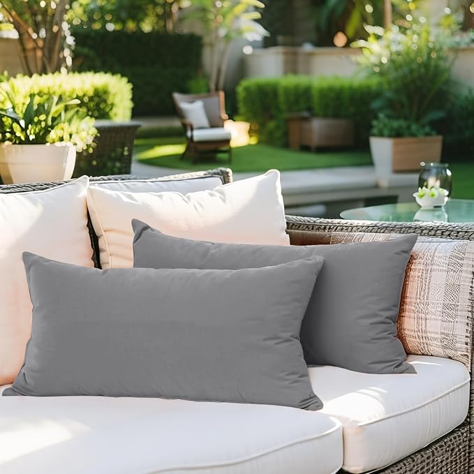 SK Studio Outdoor Water Resistant Throw Pillows, Decorative Patio Lumbar Cushions, Fluffy Furniture Garden Cushions for Home Patio Coach Sofa Use, Pack of 2, Grey, 24x24 Inch