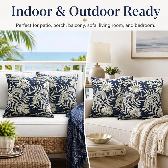 Outdoor Throw Pillows 18×18 Inch Pack of 2 Waterproof Decorative Patio Pillows with Inserts, Square Pillows for Garden Couch Sofa and Patio Furniture