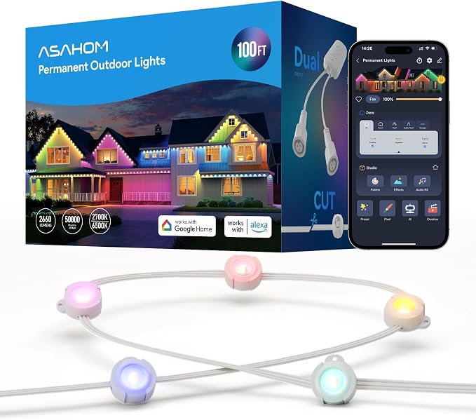 ASAHOM Permanent Outdoor Lights, 72 RGBCW LEDs, AI Lighting, 30,000 Effects | Dual Output, Extend to 800FT, IP67 Waterproof, Voice Control, for Halloween Christmas and Daily Lighting, 100FT, White, S107B
