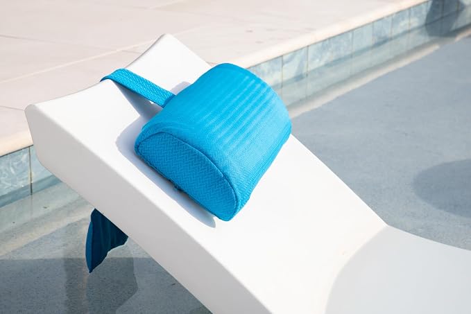 Headrest pillow for patio chaise lounge, in pool lounger on ledge with non-slip weighted tail and cellphone pocket, quick drying outdoor for all weather pool furniture and loungers (Havelock Blue)