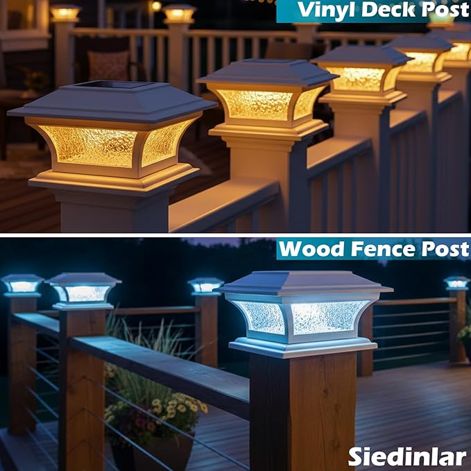 SIEDiNLAR Solar Post Cap Lights Outdoor Glass LED Fence Deck Light 2 Modes for 4x4 5x5 6x6 Vinyl Wooden Posts Patio Garden Decoration Warm White/Cool White Lighting White (6 Pack)