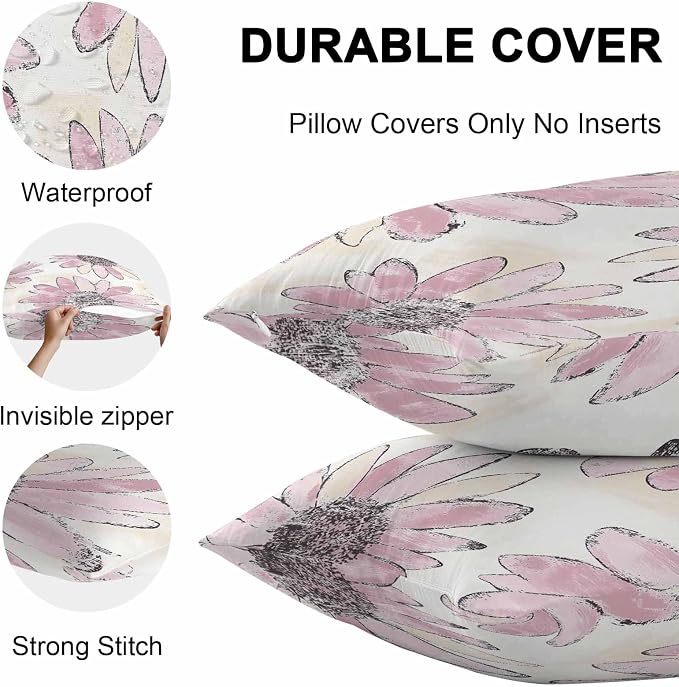 Vandarllin Outdoor Throw Pillows Covers 18x18 inch Set of 2 Waterproof Pink Sunflower Decorative Zippered Cushion Covers for Patio Furniture, Flower Field Lumbar Pillowcases