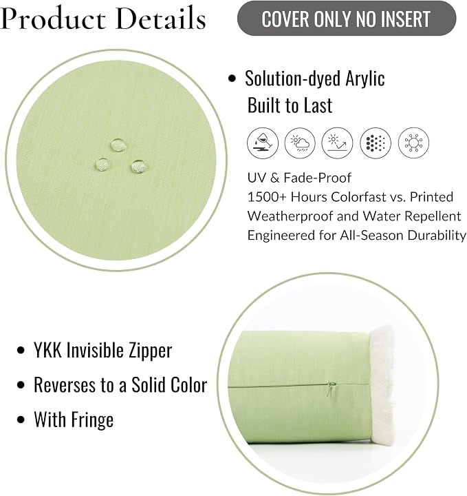 Hofdeco Premium Coastal Hampton Outdoor Performance Bolster Pillow Cover Only, 6"x20" Water Repellent, UV and Fade Resistant for Backyard, Couch, Poolside, Grass Green Woven Solid
