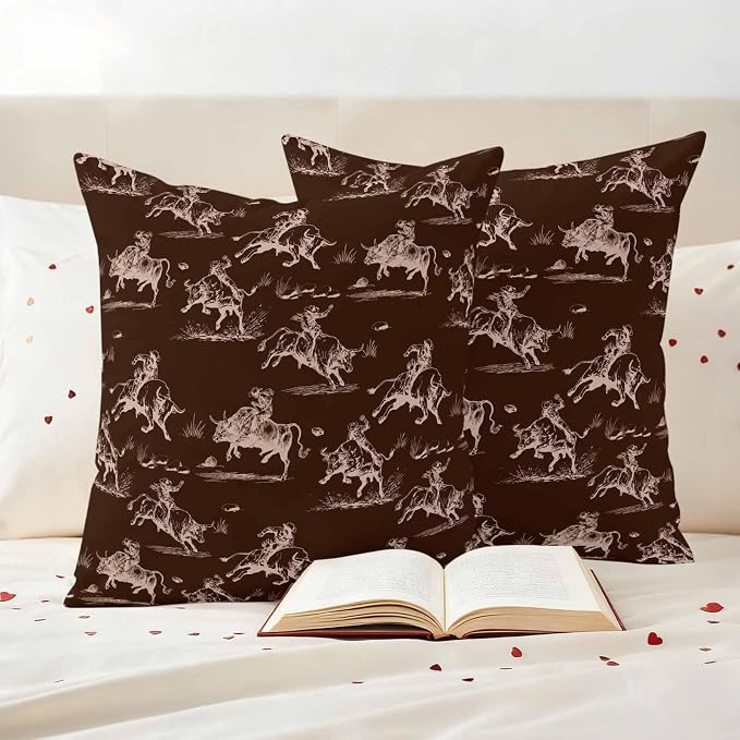 Western Cowboys Outdoor Pillow Covers Waterproof, All Weather Cushion Case Set of 2, Brown Farmhouse Country Pastoral Scenery Decorative Pillowcases for Sofa Couch Bed Decor Patio Furniture 16"x16"