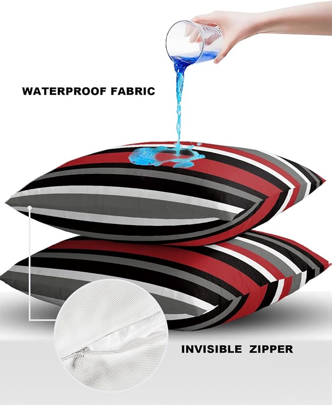 Outdoor Throw Pillow Cover Multicolor Horizontal Stripes Waterproof Cushion Covers 2 Pack Red White Gray Pillow Cases Home Decoration for Patio Garden Couch Sofa
