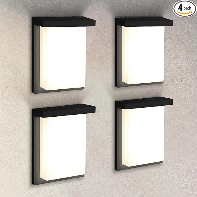 ASD LED 8" Outdoor Wall Light, Front Door House Sconce | 3CCT, Dimmable, Waterproof, ETL Listed | 12W 900LM 3000-5000K 120V | Exterior Patio Lighting Fixture, Flush Mount Porch Lamp | Black, 4 Pack