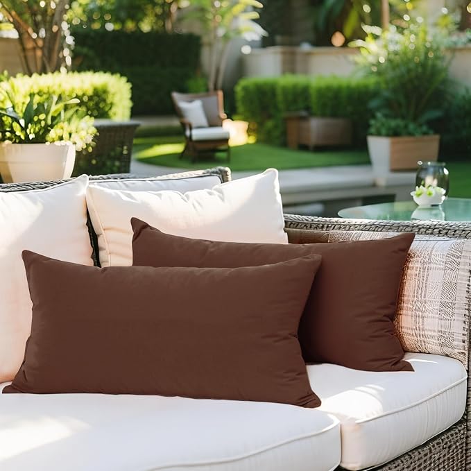 SK Studio Outdoor Water Resistant Throw Pillows, Decorative Patio Lumbar Cushions, Fluffy Furniture Garden Cushions for Home Patio Coach Sofa Use, Pack of 2, Dark Brown, 12x20 Inch