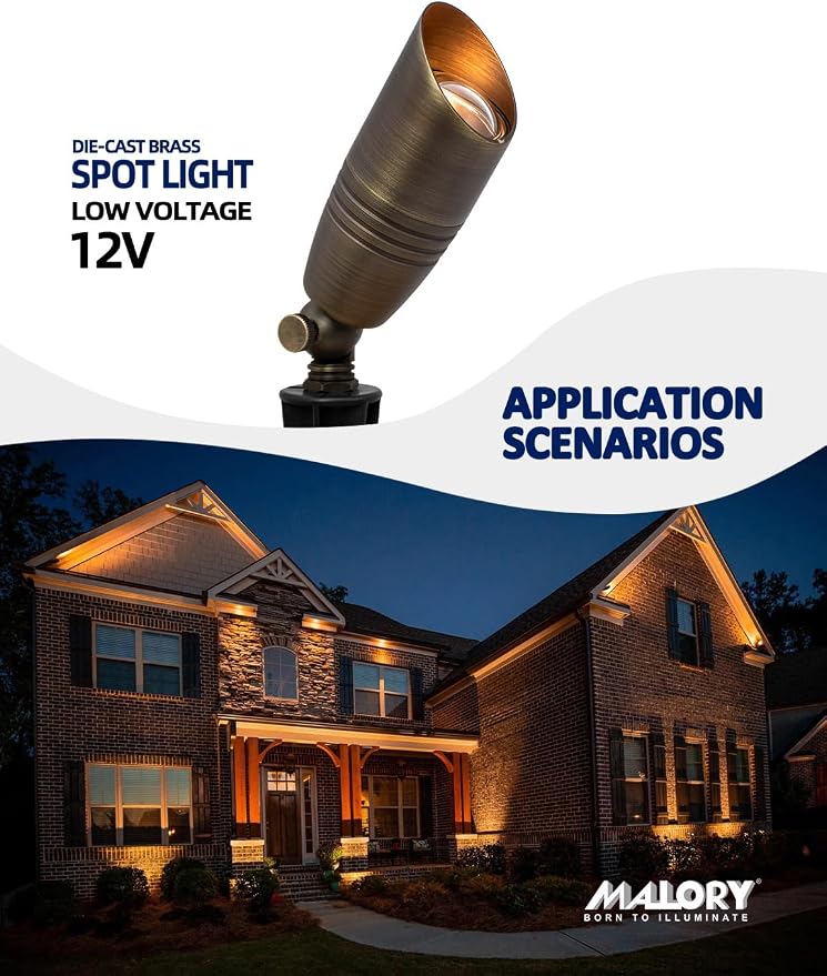 MALORY Brass Landscape Spotlights 4-Pack with Bulb Kit(S02), Low Voltage 12V AC/DC LED Outdoor Spot Uplights for House and Tree,PVC Ground Stake and Wire Connector Included, 5W 2700K Warm White