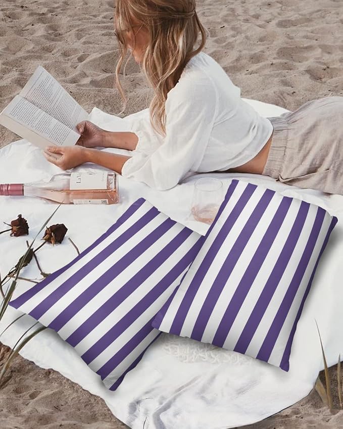 Outdoor Pillows 20x12 Waterproof Outdoor Pillow Covers Purple White Stripes Polyester Throw Pillow Covers Garden Cushion Decorative Case for Patio Couch Decoration Set of 2 Geometric