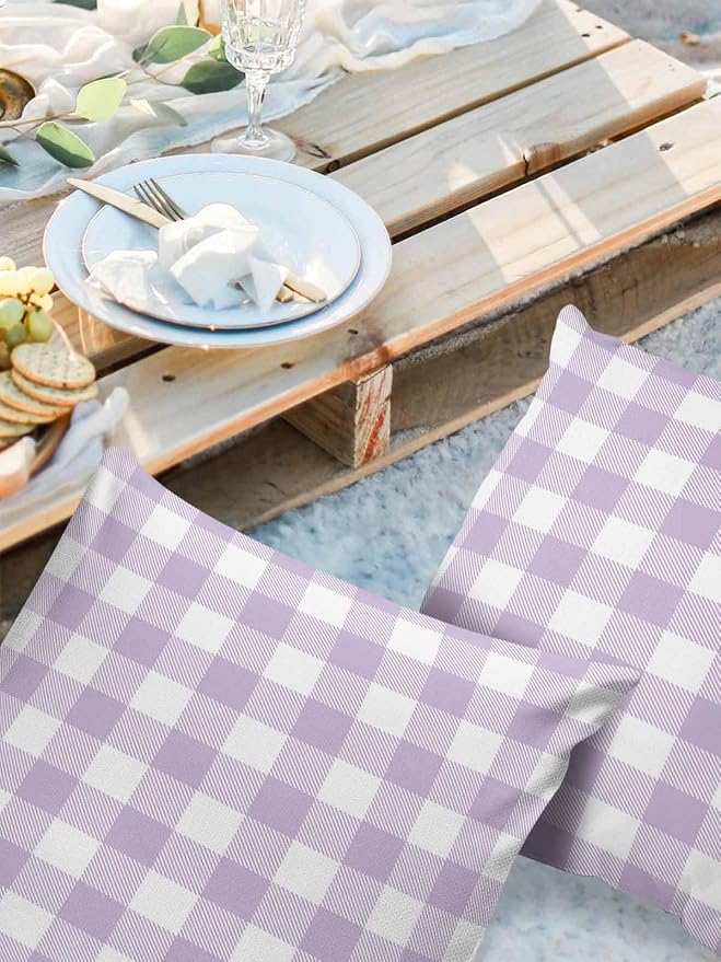Outdoor Waterproof Throw Pillow Covers Set of 2 Lavender Buffalo Check Plaid Pillowcases 26x26 Inches Farmhouse Style Patio Decorative Pillows Cushion Case Patio Pillows for Couch Bed Chair Garden