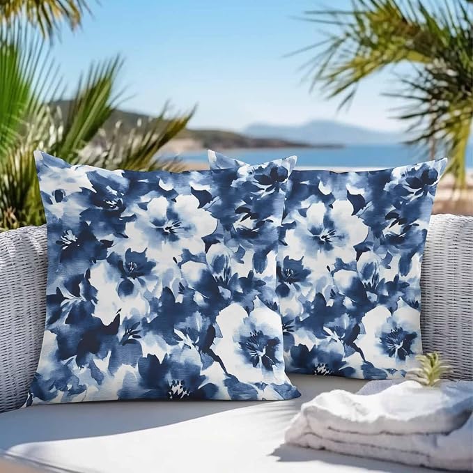Outdoor Throw Pillow Cover Abstract Watercolor Flower Art Waterproof Cushion Covers 2 Pack Natural Blue White Floral Pillow Cases Home Decoration for Patio Garden Couch Sofa