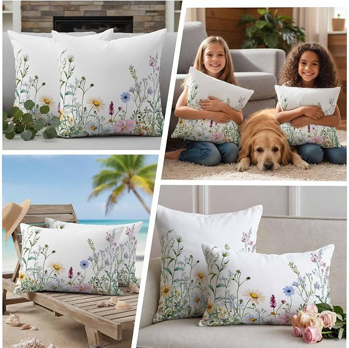 Farms Wildflowers Outdoor Waterproof Throw Pillow Covers Set of 2, 26"x26", Herbs Countryside Watercolor Floral Leaf Decorative Pillow Covers Outside Cushion Case for Patio Porch Garden