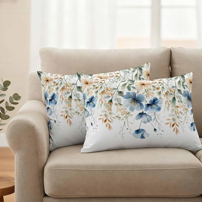 Blue Spring Floral Waterproof Outdoor Pillow Covers 20''x12'' Set of 2, Weeping Botanical Patio Furniture Summer Cushion Covers for Chairs, Decorative Wildflowers Pillow Cases for Garden/Pool/Beach
