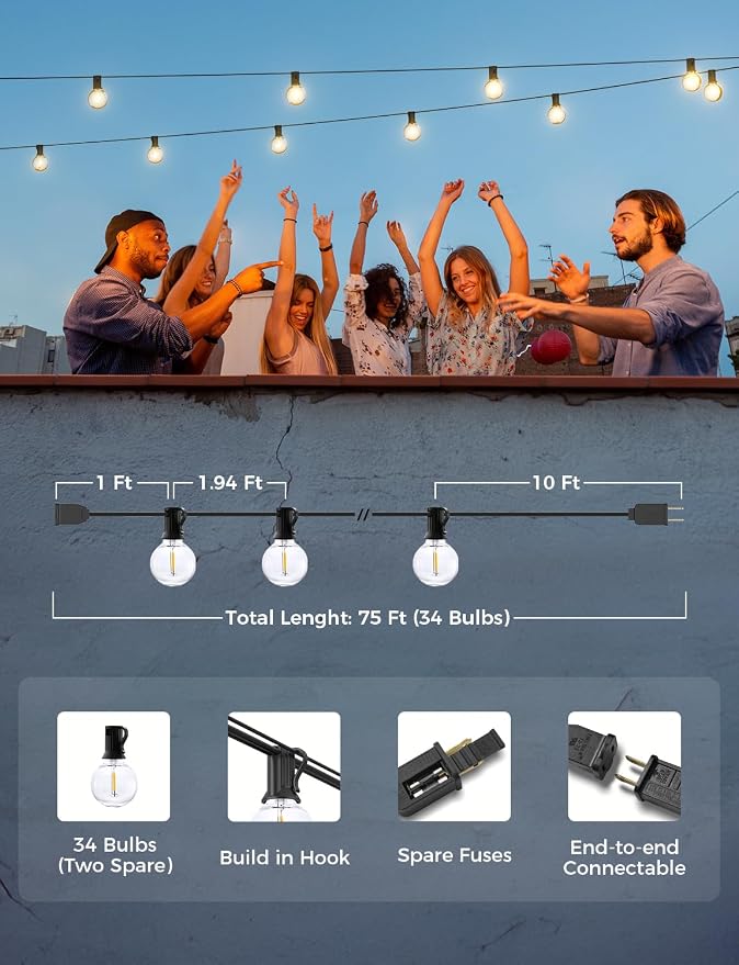 XMCOSY+ Smart Outdoor String Lights, 75Ft G40 Patio Lights with 34 Bulbs | Dimmable LED bulbs, connectable, WiFi & APP control, works with Alexa, extendable waterproof design for porch and backyard
