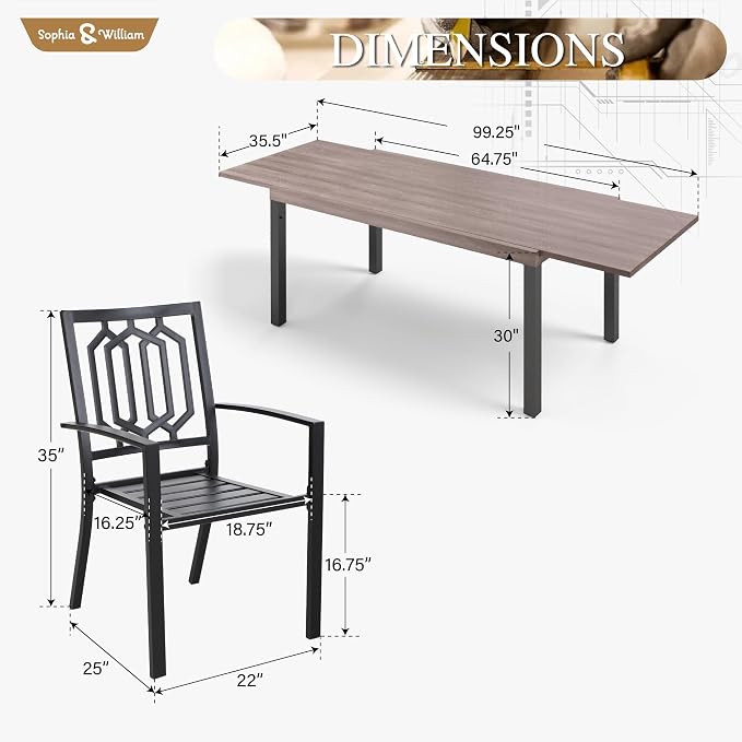 Sophia & William Patio Table and Chairs Set, Outdoor Dining Set for 8, 9 Piece Metal Patio Furniture, 99" Expandable Rectangular Table with Wood-Like Tabletop(Geometry)