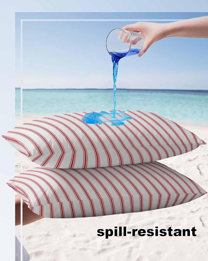 Outdoor Waterproof Throw Pillow Covers Set of 2 Red Stripes Lumbar Pillowcases 20x12 Inches Red Beige Vertical Striped Patio Decorative Pillows Cushion Case Patio Pillows for Couch Bed Chair Garden