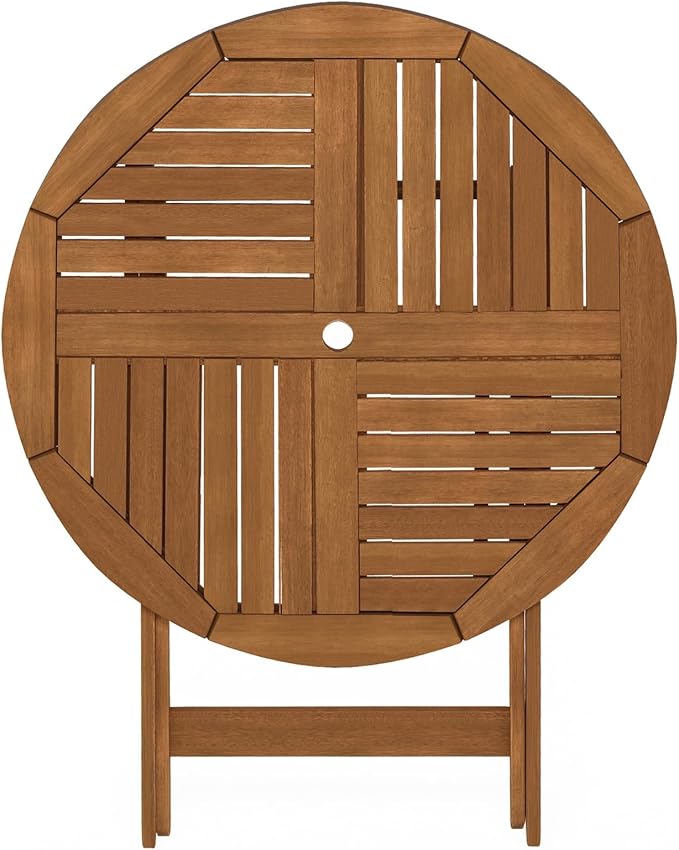Furinno TIOMAN Folding Patio Dining Table, Outdoor Wooden Table with Umbrella Hole, Round 4-Person Patio Table for Garden, Porch, Backyard, Light Wood