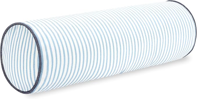 Hofdeco Premium Coastal Hampton Outdoor Performance Bolster Pillow Cover Only, 6"x20" Water Repellent, UV and Fade Resistant for Backyard, Couch, Poolside, Azure Blue Indigo Woven Coastline Stripes