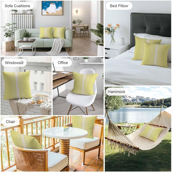 Throw Pillow Covers 20x20 Inch Set of 2, Yellow Beige Striped Waterproof Outdoor Cushion Covers, Modern Farmhouse Retro Lines Decorative Pillowcases for Couch, Sofa, Bed, Garden, Patio