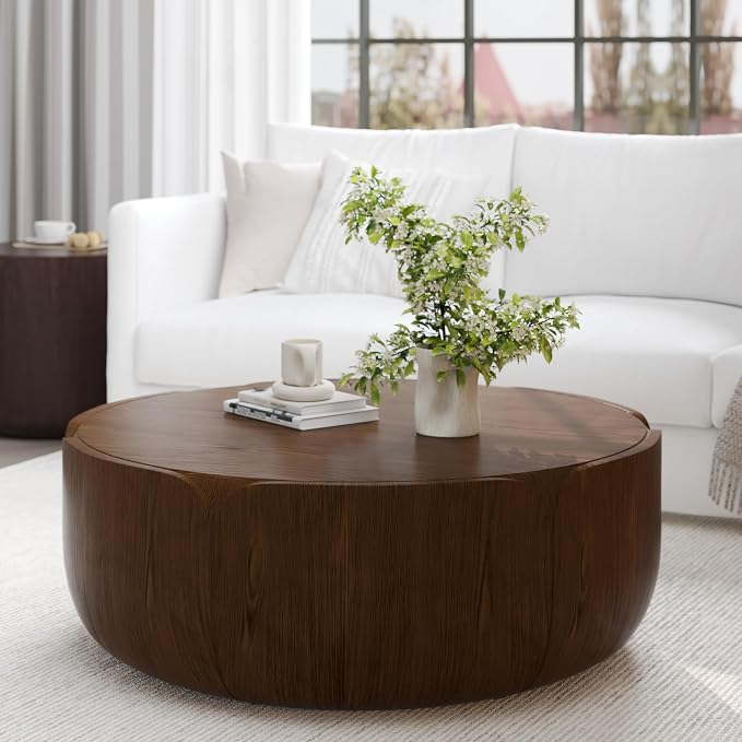 36" Round Outdoor Coffee Table Brown Waterproof Sturdy MGO Wood Texture Grain Drum Center Table for Patio Garden Backyard Living Room, No-Assembly